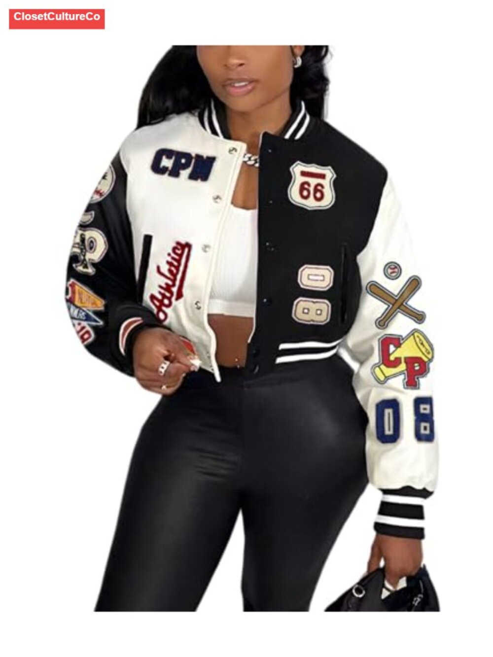 Faux Leather Varsity Jacket with Patches Cropped Bomber Streetwear